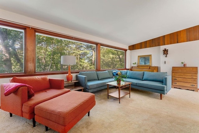 carpeted living room with vaulted ceiling