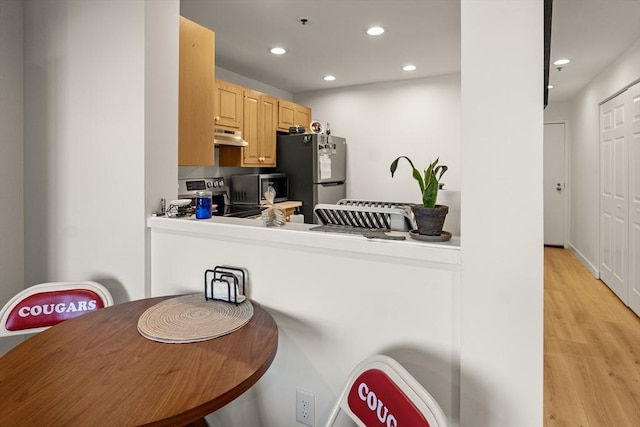 kitchen with appliances with stainless steel finishes, under cabinet range hood, recessed lighting, light brown cabinets, and light wood-type flooring