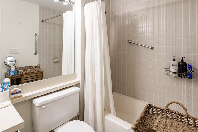 bathroom with toilet and shower / bathtub combination with curtain