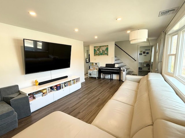 197 Winn St, Burlington, MA 01803 - living room featuring visible vents, recessed lighting, wood finished floors, and stairway