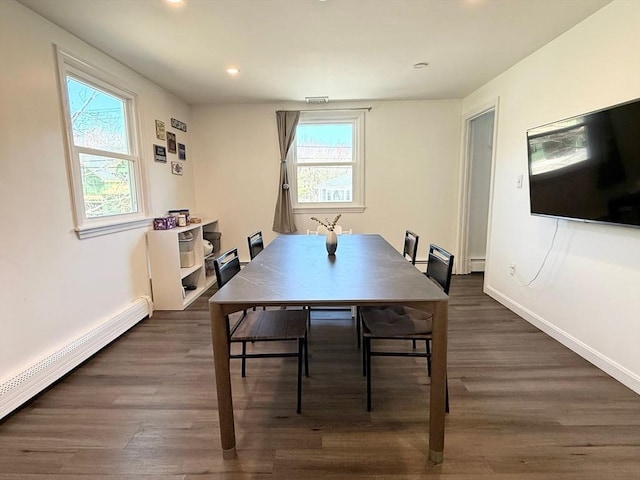 197 Winn St, Burlington, MA 01803 - dining area featuring baseboards, dark wood-style floors, baseboard heating, and a healthy amount of sunlight