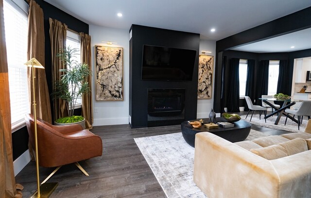 living room with dark wood-type flooring and a fireplace