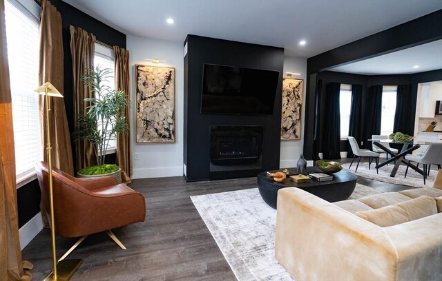 living area with recessed lighting, baseboards, wood finished floors, and a fireplace
