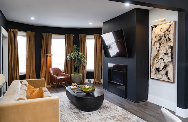 living area with dark hardwood / wood-style flooring and a large fireplace