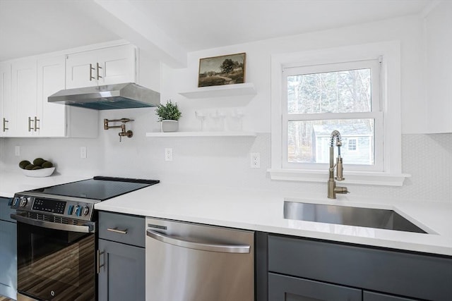 kitchen featuring white cabinetry, sink, stainless steel appliances, tasteful backsplash, and gray cabinets