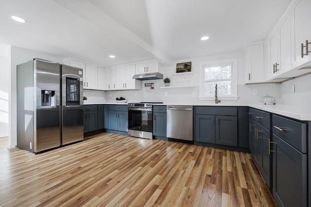 kitchen featuring gray cabinetry, white cabinetry, sink, appliances with stainless steel finishes, and light wood-type flooring