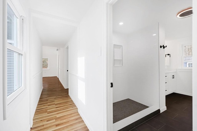 hallway featuring a healthy amount of sunlight and wood-type flooring