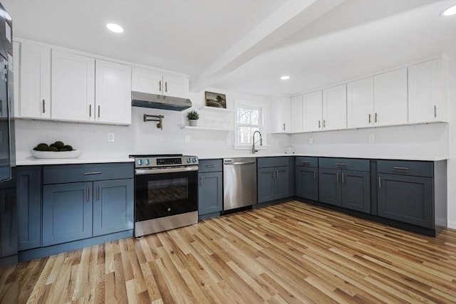 kitchen with beamed ceiling, white cabinets, and stainless steel appliances