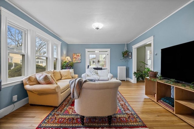 living room with crown molding, light wood-style floors, plenty of natural light, and radiator heating unit