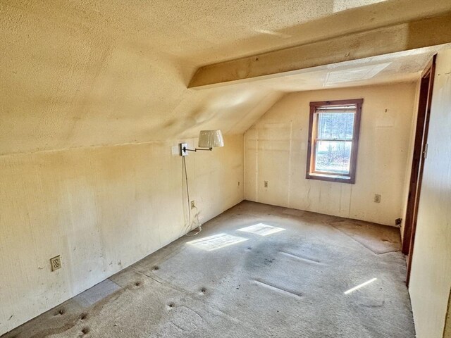 bonus room with lofted ceiling and a textured ceiling