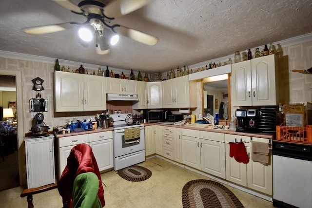 kitchen featuring sink, crown molding, white electric range, a textured ceiling, and white cabinets