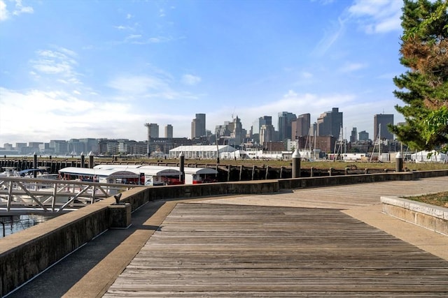 dock area featuring a view of city