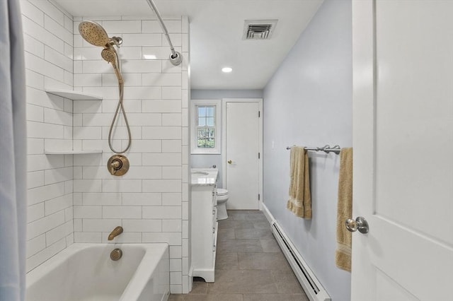 bathroom with shower / bathing tub combination, visible vents, tile patterned flooring, baseboards, and a baseboard heating unit