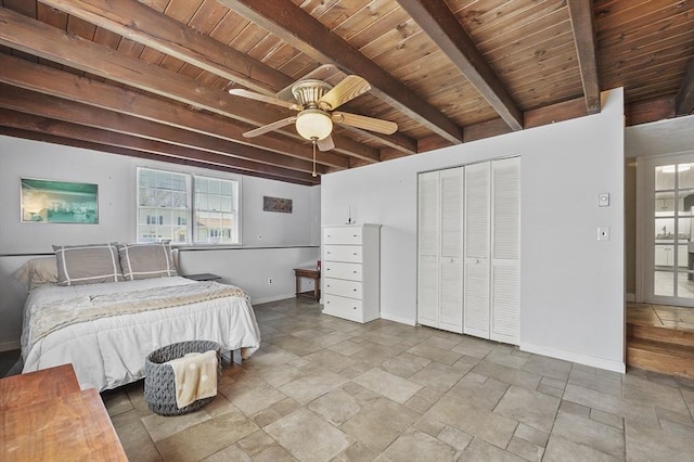 bedroom with baseboards, beam ceiling, multiple windows, and wooden ceiling