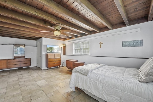 bedroom featuring wood ceiling, multiple windows, and beamed ceiling