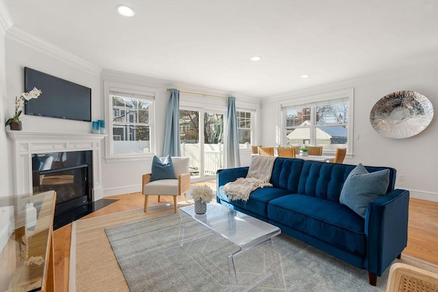 living room with hardwood / wood-style flooring and crown molding