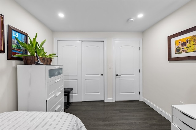 bedroom with a closet and dark hardwood / wood-style floors