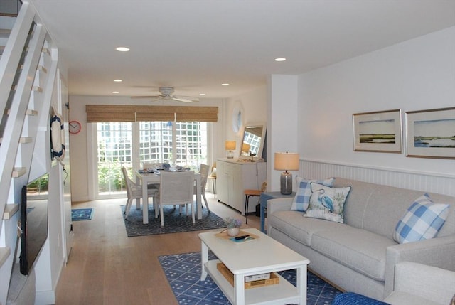 5 Hydrangea Ln Unit 5, Mashpee, MA 02649 - living room with wood finished floors, a ceiling fan, recessed lighting, and a wainscoted wall