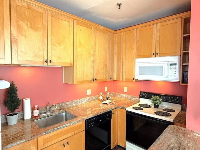 kitchen with white microwave, range with electric stovetop, dishwasher, a sink, and light stone counters