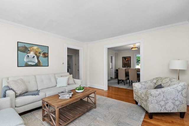 781 Highland Ave, Needham, MA 02494 - living area featuring ornamental molding, wood finished floors, and baseboards