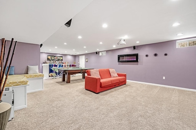 recreation room featuring light colored carpet and pool table