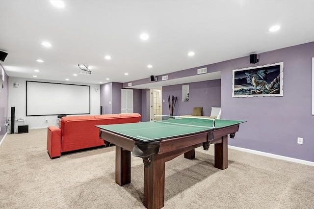 game room with light colored carpet