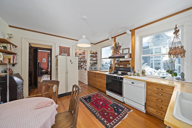 kitchen with decorative light fixtures, light wood-type flooring, white appliances, and ornamental molding