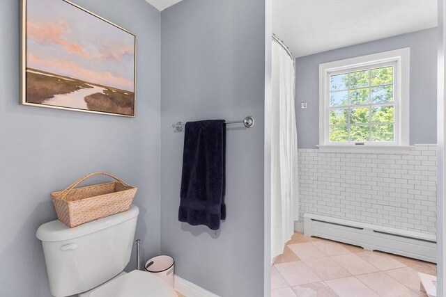 38 Thoreau Cir, Beverly, MA 01915 - full bath with baseboard heating, toilet, tile patterned flooring, and a shower with curtain