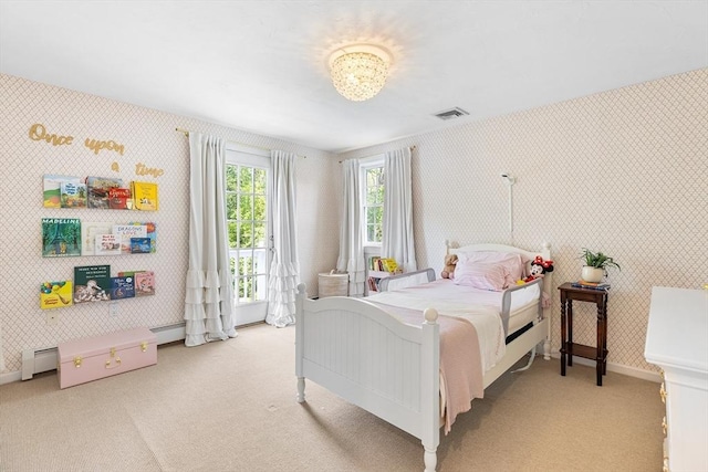 38 Thoreau Cir, Beverly, MA 01915 - bedroom featuring wallpapered walls, light carpet, and a baseboard heating unit