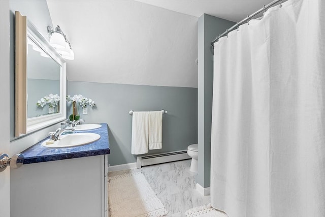 38 Thoreau Cir, Beverly, MA 01915 - full bath featuring baseboard heating, double vanity, toilet, marble finish flooring, and baseboards