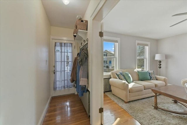 living room with hardwood / wood-style flooring and ceiling fan