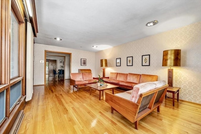 124 Mount Vernon Rd W, Weymouth, MA 02189 - living room with wallpapered walls, baseboard heating, light wood-type flooring, baseboards, and recessed lighting
