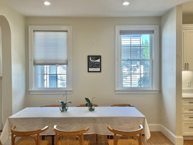 141 Pearl St Unit 141, Newton, MA 02458 - dining room with plenty of natural light, recessed lighting, arched walkways, and light wood-style floors