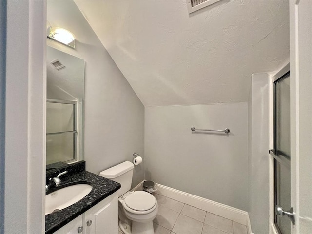 141 Pearl St Unit 141, Newton, MA 02458 - full bath featuring vaulted ceiling, a shower with door, vanity, and tile patterned floors