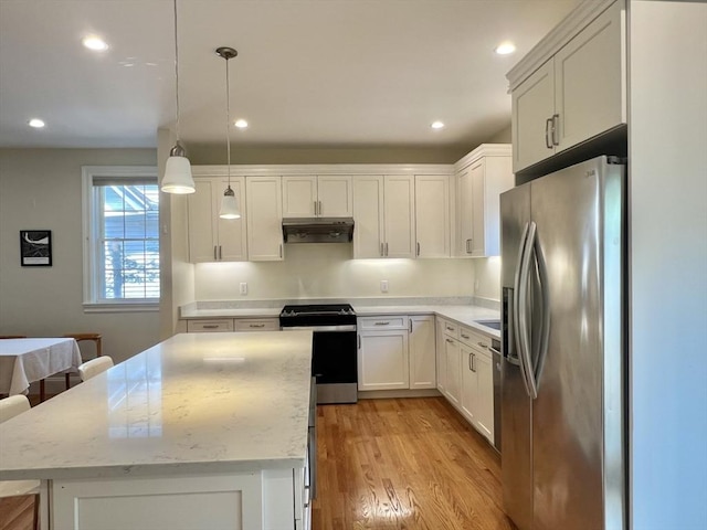 141 Pearl St Unit 141, Newton, MA 02458 - kitchen with appliances with stainless steel finishes, under cabinet range hood, light wood-style floors, pendant lighting, and recessed lighting