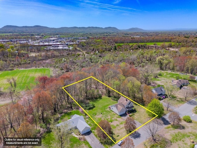 birds eye view of property featuring a mountain view and a forest view