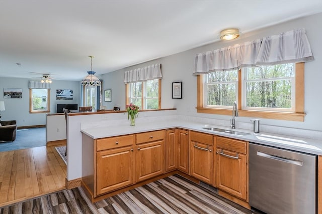 kitchen with a sink, dishwasher, dark wood-style floors, and a wealth of natural light