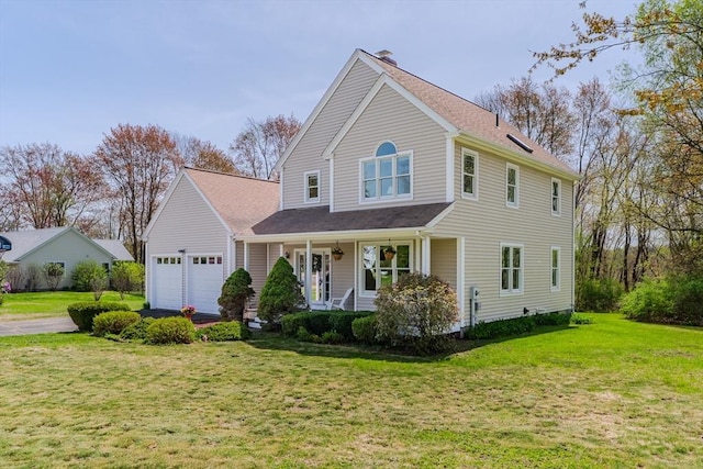 view of front facade with an attached garage, a front lawn, a porch, a chimney, and driveway