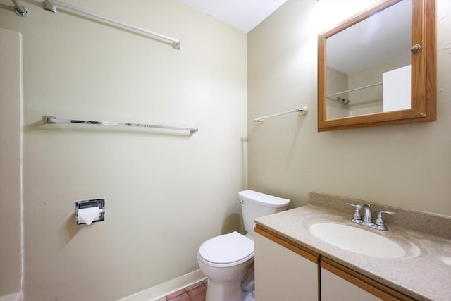 full bath with toilet, vanity, tile patterned flooring, and a shower