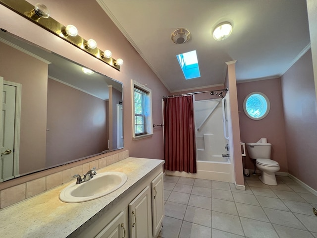 full bathroom with toilet, ornamental molding, vaulted ceiling with skylight, vanity, and shower / tub combo with curtain