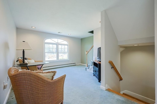 living area featuring recessed lighting, baseboards, light carpet, and baseboard heating