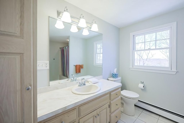 bathroom with tile patterned floors, baseboard heating, toilet, and vanity