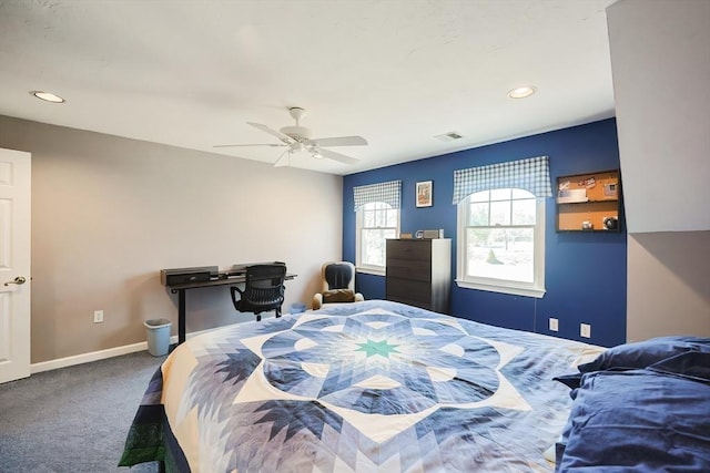 carpeted bedroom featuring recessed lighting, ceiling fan, and baseboards