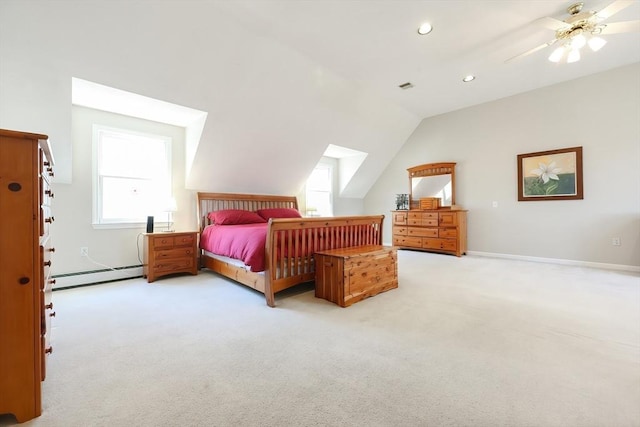 bedroom with visible vents, a baseboard radiator, recessed lighting, vaulted ceiling, and light carpet