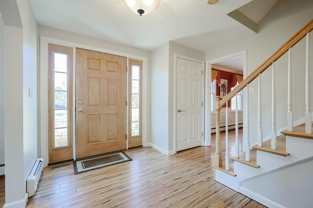 entryway featuring stairs, wood finished floors, and baseboard heating