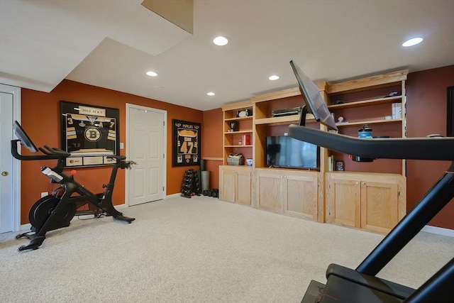 workout area with recessed lighting, baseboards, and carpet