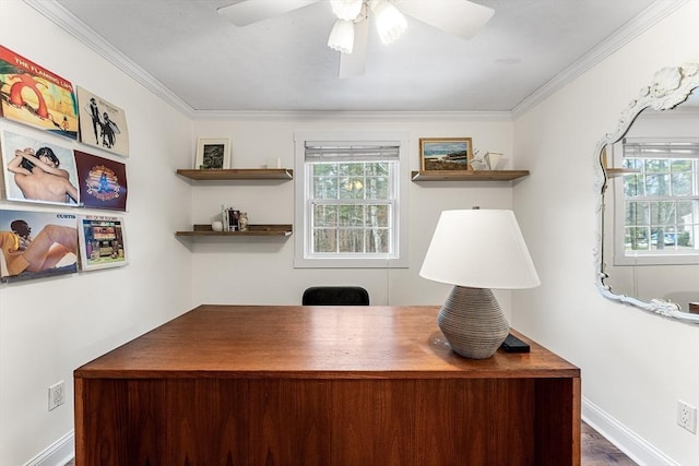 home office featuring ceiling fan, a healthy amount of sunlight, baseboards, and ornamental molding