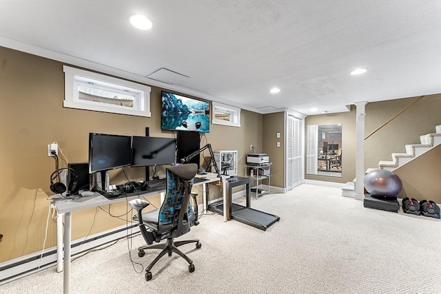 office area with recessed lighting, baseboards, carpet, and a baseboard radiator