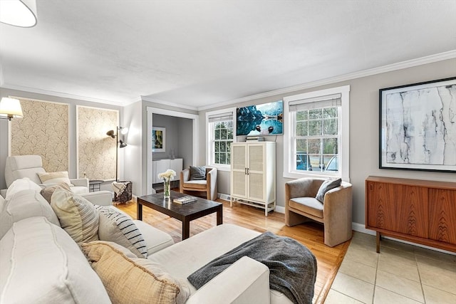 living room with tile patterned flooring, radiator heating unit, baseboards, and ornamental molding