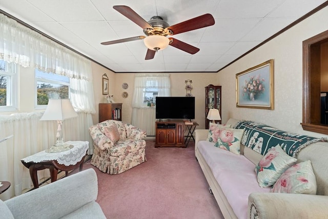 living room featuring crown molding, carpet floors, and ceiling fan